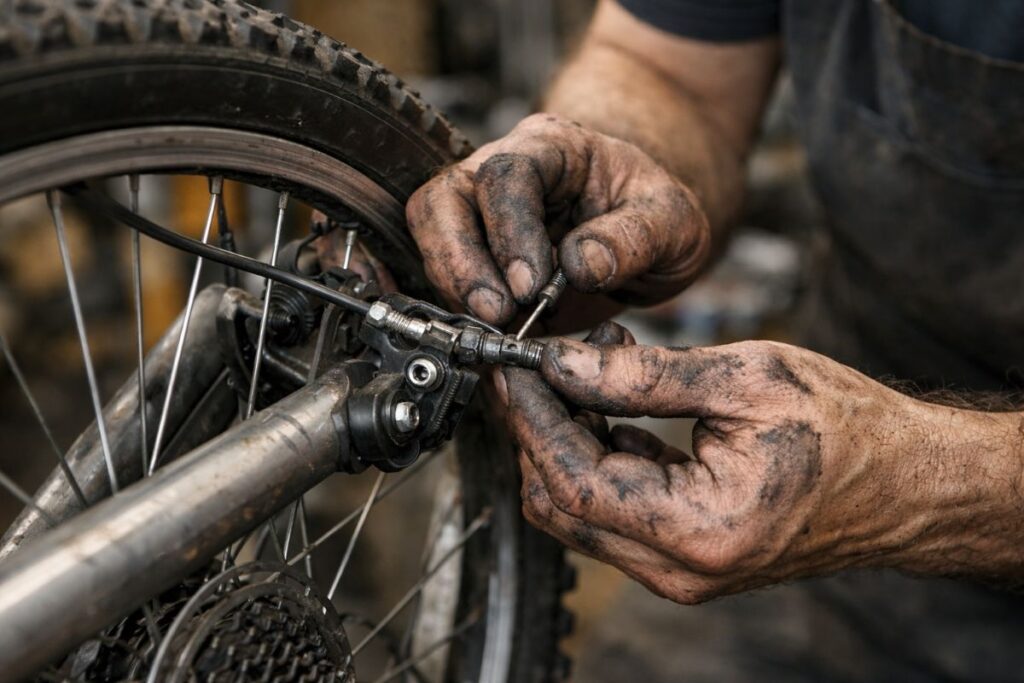 mecánico reparando frenos de bicicleta
